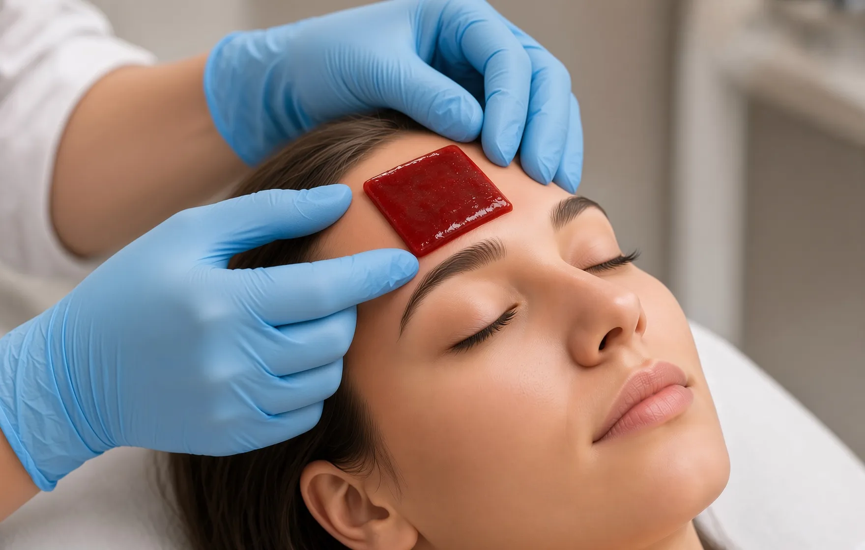 A gloved clinician placing the self-supporting whole blood clot on a patient’s forehead in a treatment room.