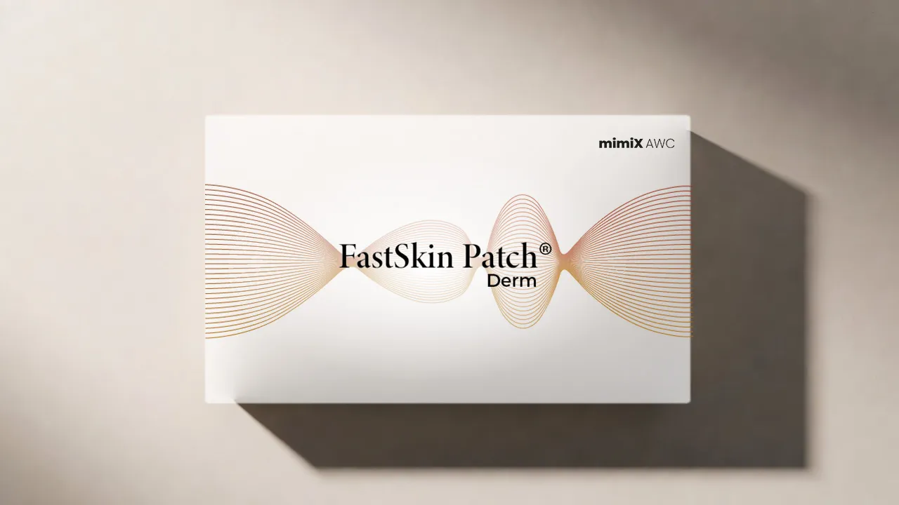 FastSkin Patch Derm retail carton, photographed on a bone-coloured ground.